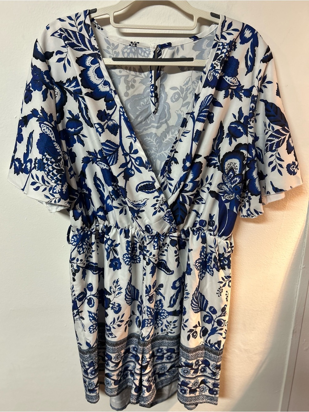 Blue & White Floral Flutter Sleeve Romper